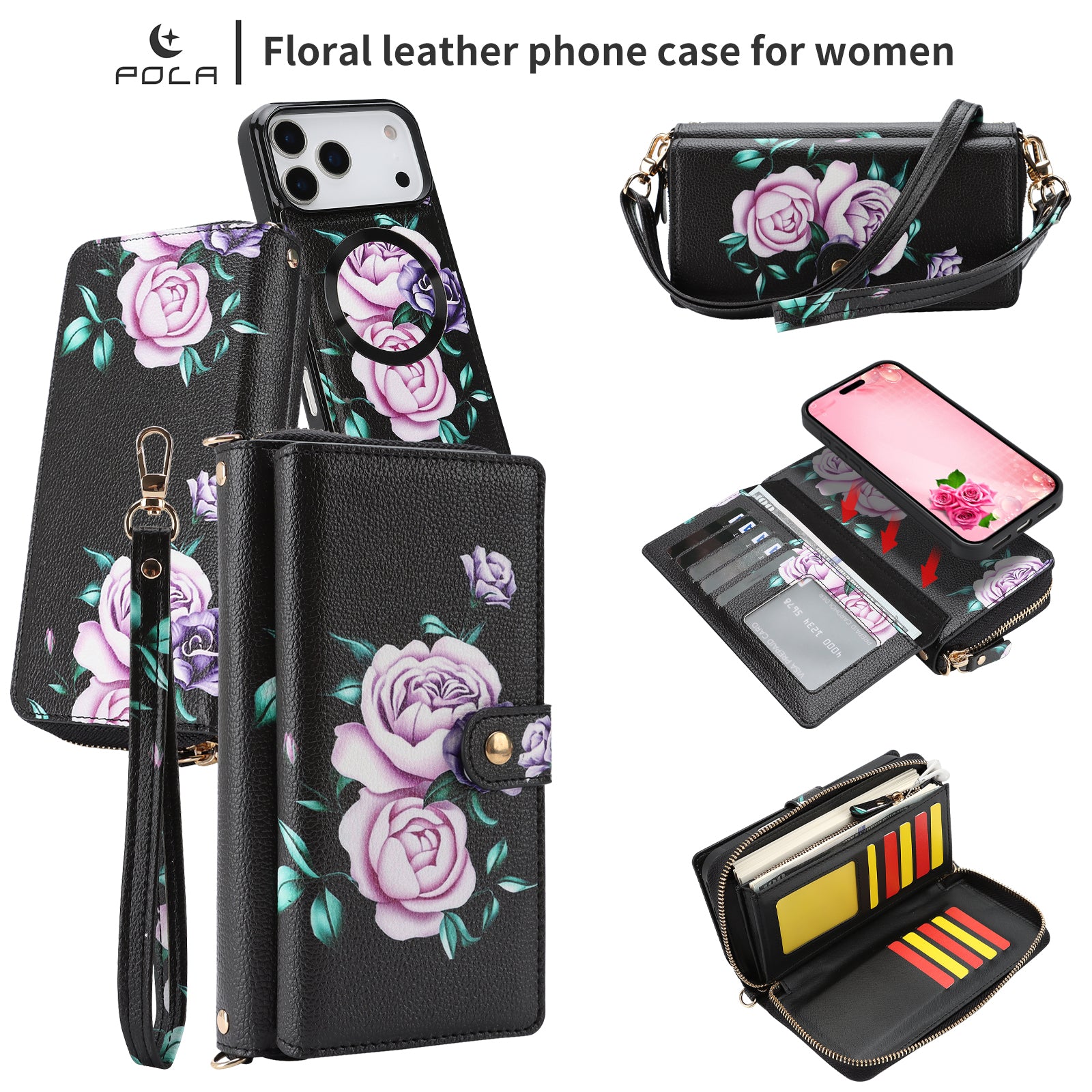 Elegant 13-Card Slot Crossbody Wallet Case – Magnetic Detachable Purse with Mirror for iPhone 17 Pro Max
