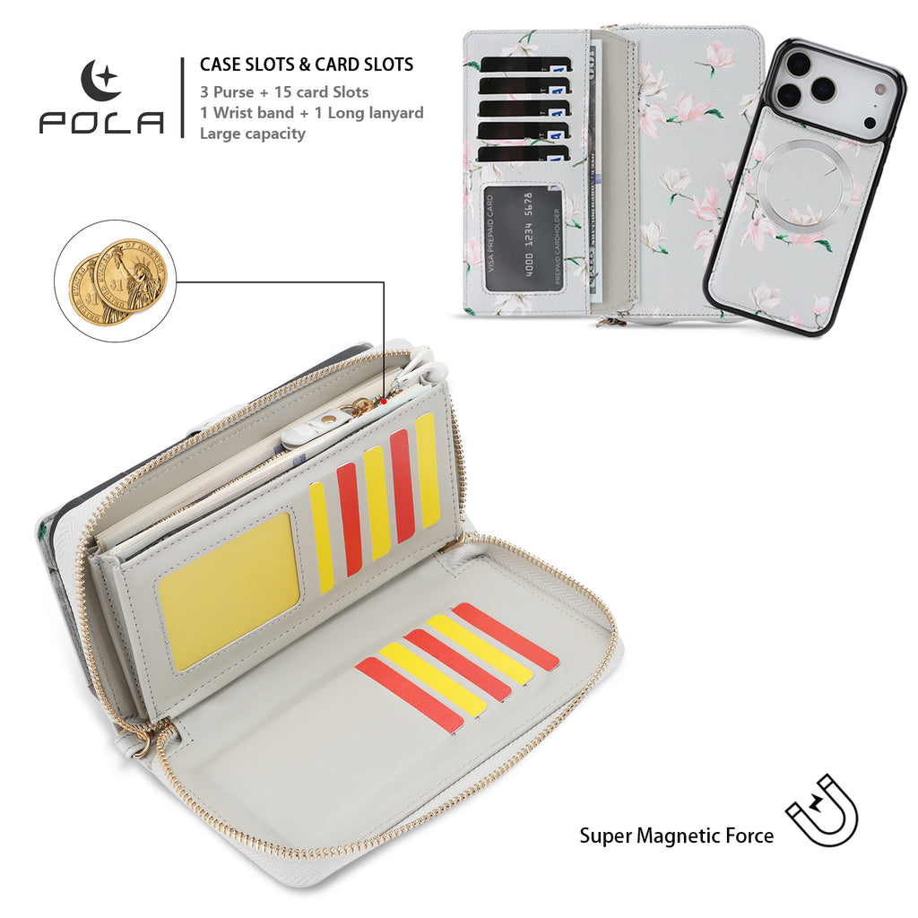 Elegant 13-Card Slot Crossbody Wallet Case – Magnetic Detachable Purse with Mirror for iPhone 17 Pro Max