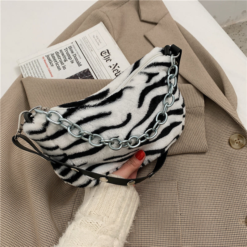 Leopard Pattern Plush Bag Personality Diagonal Women Bag Chain Bag Shoulder Bag