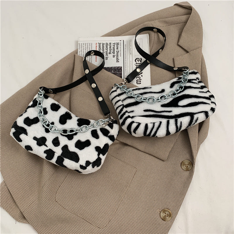 Leopard Pattern Plush Bag Personality Diagonal Women Bag Chain Bag Shoulder Bag