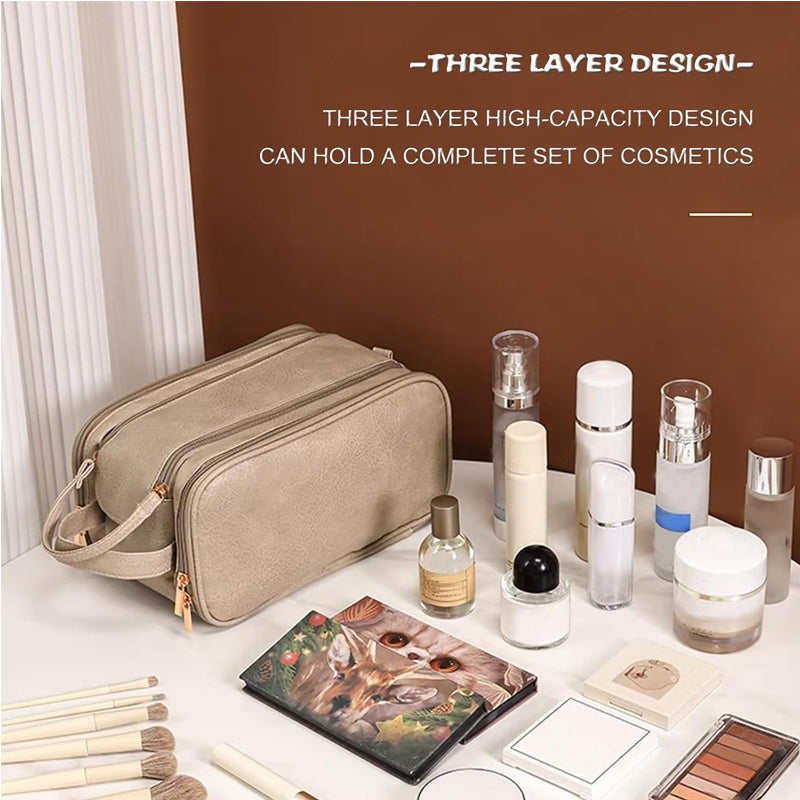 Large Travel Toiletry Organizer Makeup Bag, Hanging Cosmetic Bag Kit Leather Skin Care Waterproof Shaving Bag