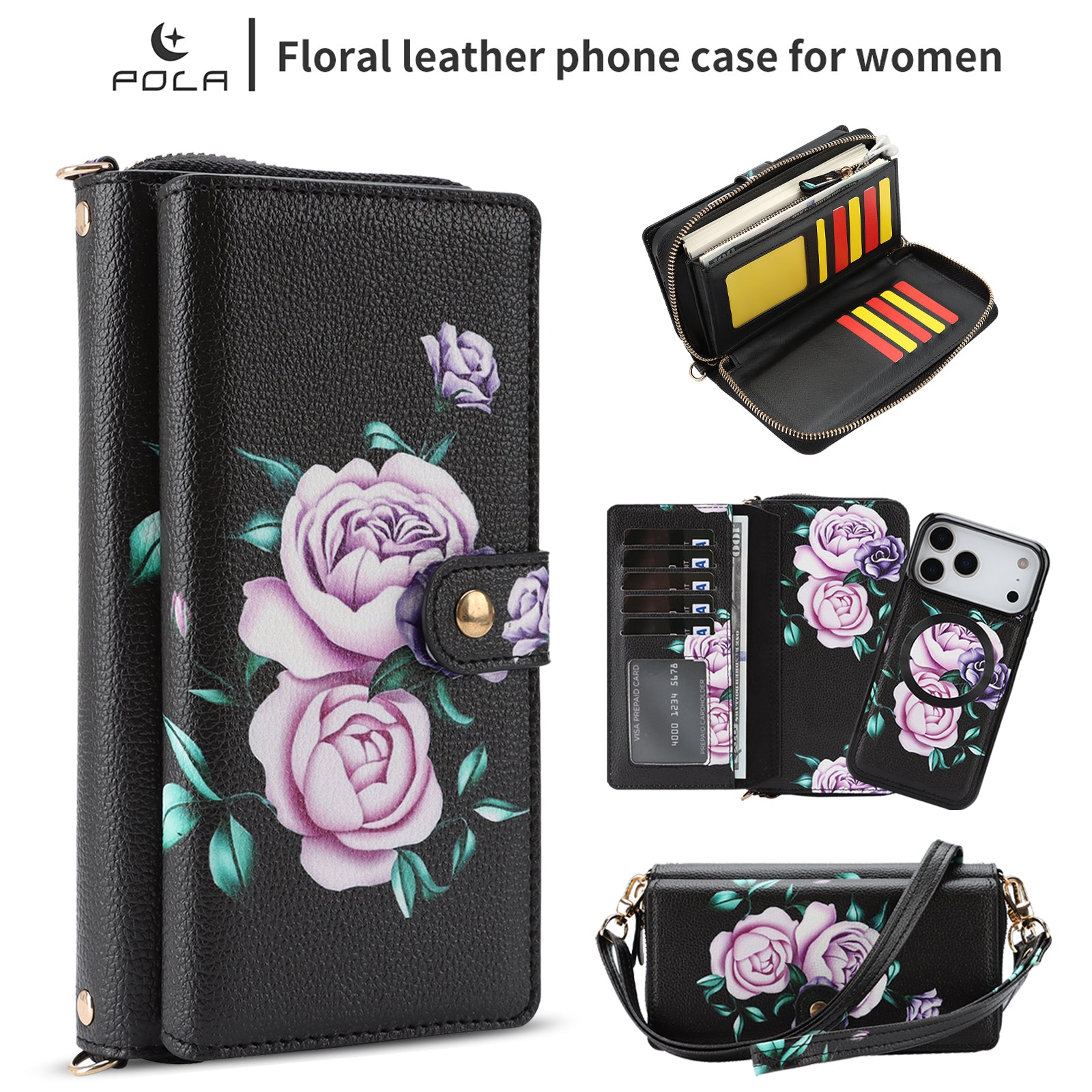 Elegant 13-Card Slot Crossbody Wallet Case – Magnetic Detachable Purse with Mirror for iPhone 17 Pro Max