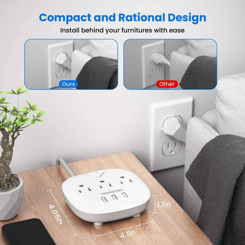 TRANSTON 6-in-1 Power Strip: 3 AC Outlets, 3 USB Ports & 10ft Heavy-Duty Extension Cord (UL Certified)