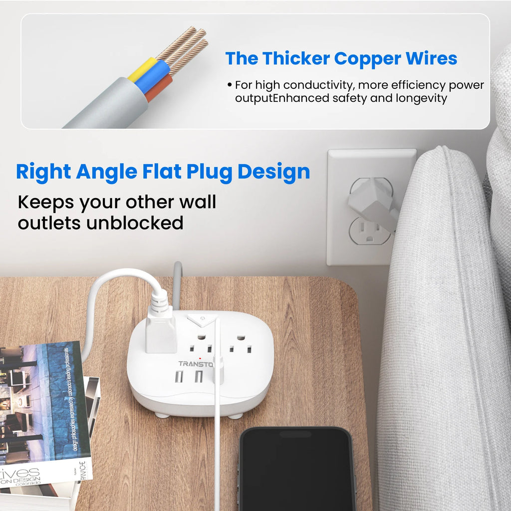 TRANSTON 6-in-1 Power Strip: 3 AC Outlets, 3 USB Ports & 10ft Heavy-Duty Extension Cord (UL Certified)