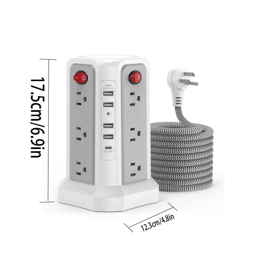 PASSUS 15-in-1 Vertical Power Tower: 12 AC Outlets & PD20W USB-C Fast Charging Station