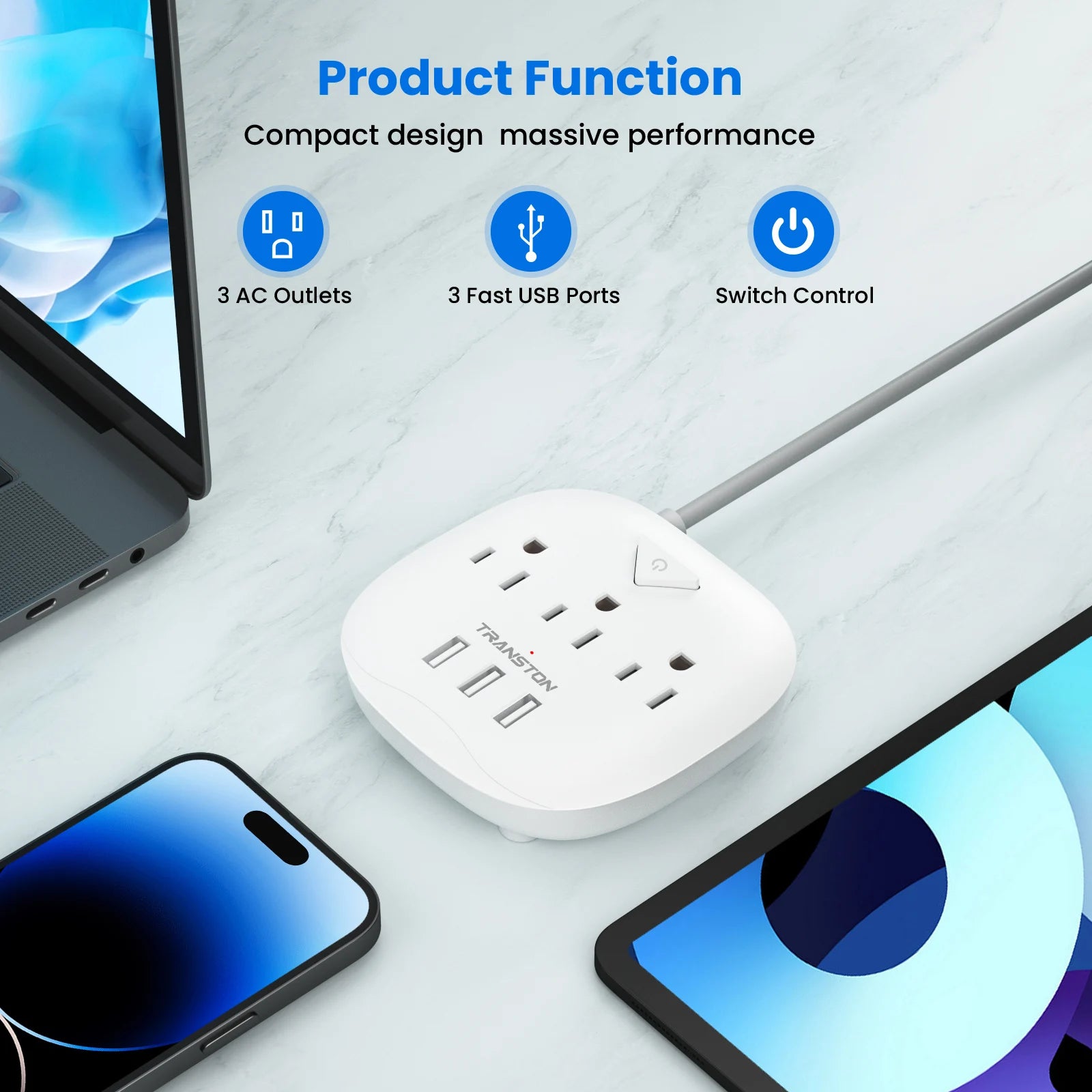 TRANSTON 6-in-1 Power Strip: 3 AC Outlets, 3 USB Ports & 10ft Heavy-Duty Extension Cord (UL Certified)