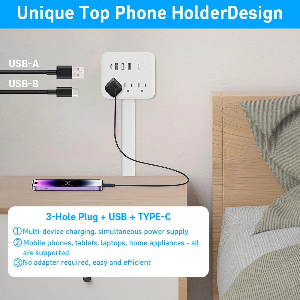 180° Rotating 7-in-1 Wall Outlet Extender: Space-Saving Plug with USB-C & AC Outlets