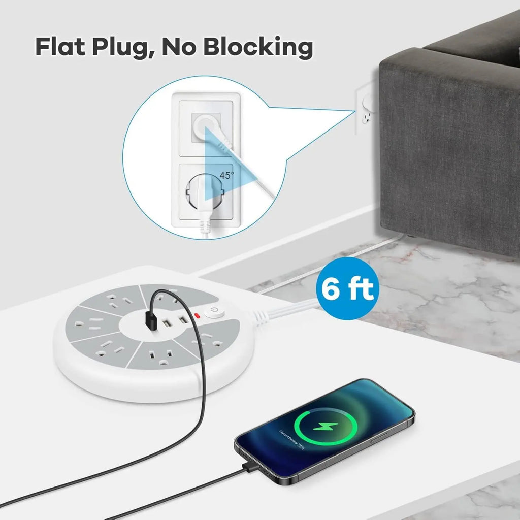 PASSUS 9-in-1 Space-Saving Circular Power Strip: 6 AC Outlets & 3 USB Ports