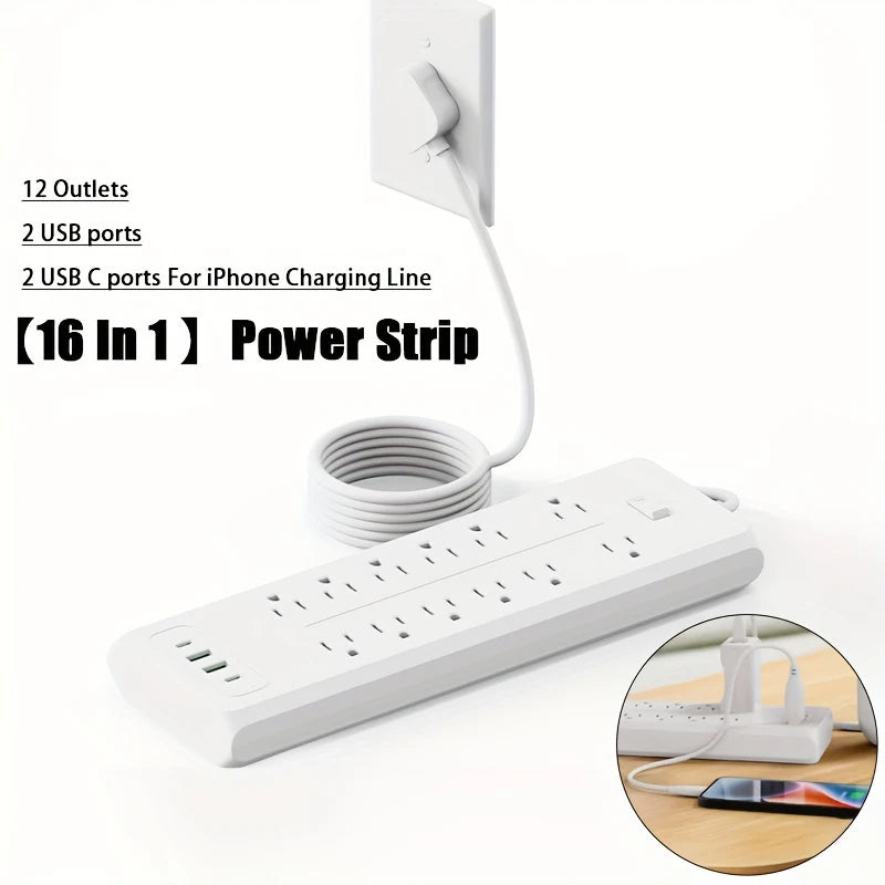 16-in-1 Heavy-Duty Power Strip: 12 AC Outlets & 4 USB Ports (2 USB-C) with Surge Protection