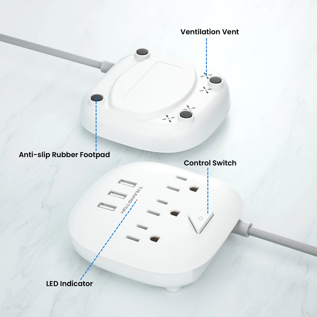 TRANSTON 6-in-1 Power Strip: 3 AC Outlets, 3 USB Ports & 10ft Heavy-Duty Extension Cord (UL Certified)