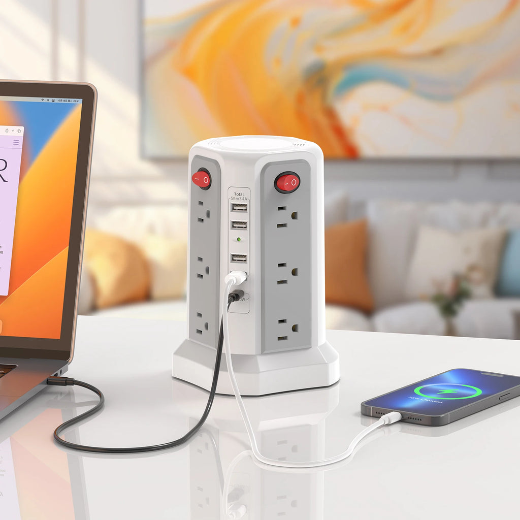 PASSUS 15-in-1 Vertical Power Tower: 12 AC Outlets & PD20W USB-C Fast Charging Station
