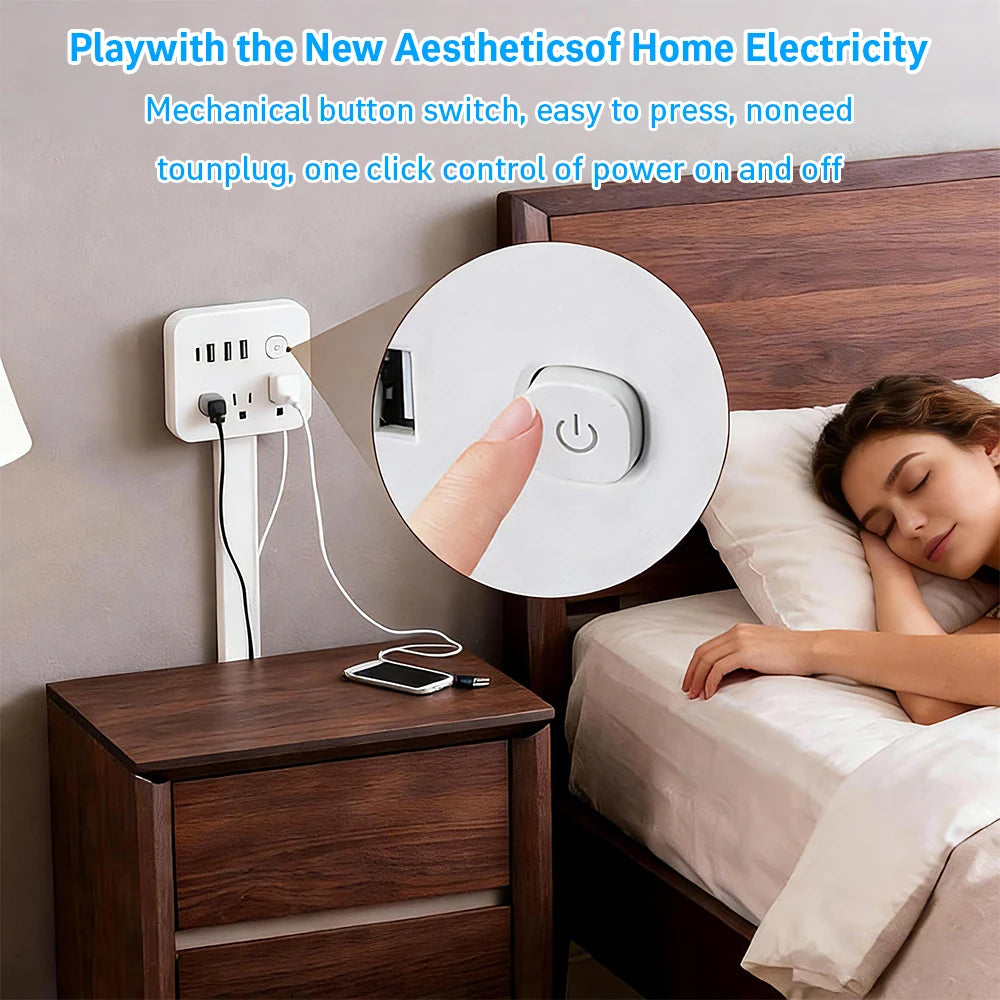 180° Rotating 7-in-1 Wall Outlet Extender: Space-Saving Plug with USB-C & AC Outlets