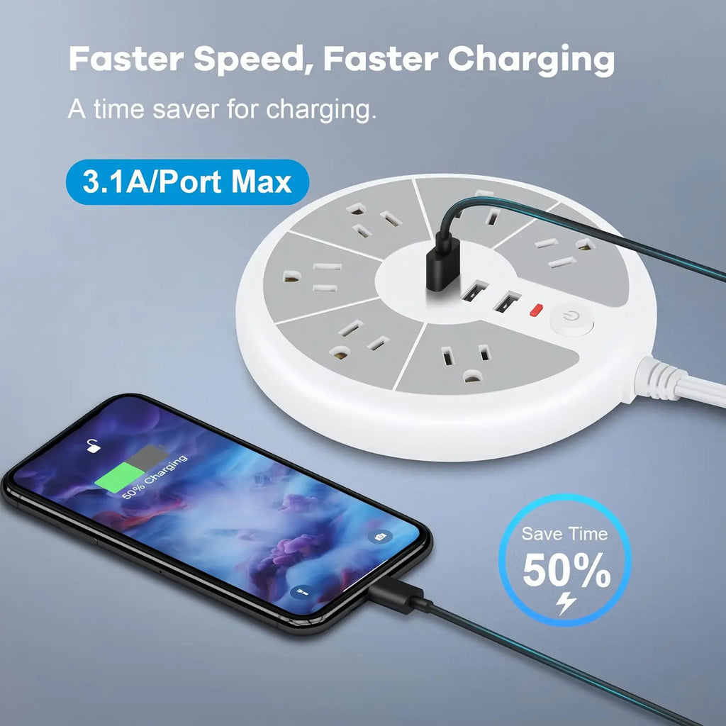 PASSUS 9-in-1 Space-Saving Circular Power Strip: 6 AC Outlets & 3 USB Ports