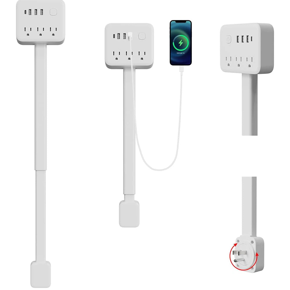 180° Rotating 7-in-1 Wall Outlet Extender: Space-Saving Plug with USB-C & AC Outlets