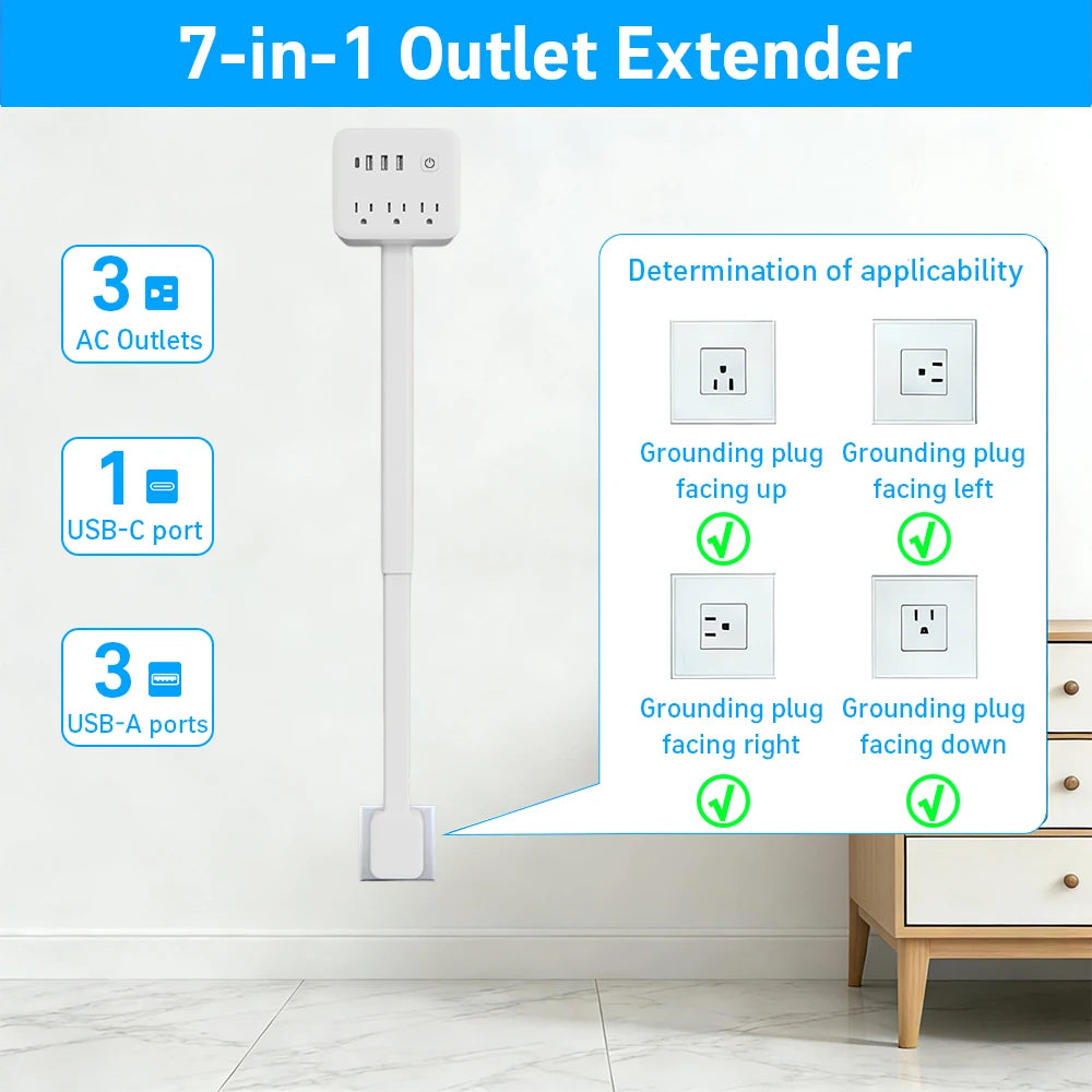 180° Rotating 7-in-1 Wall Outlet Extender: Space-Saving Plug with USB-C & AC Outlets