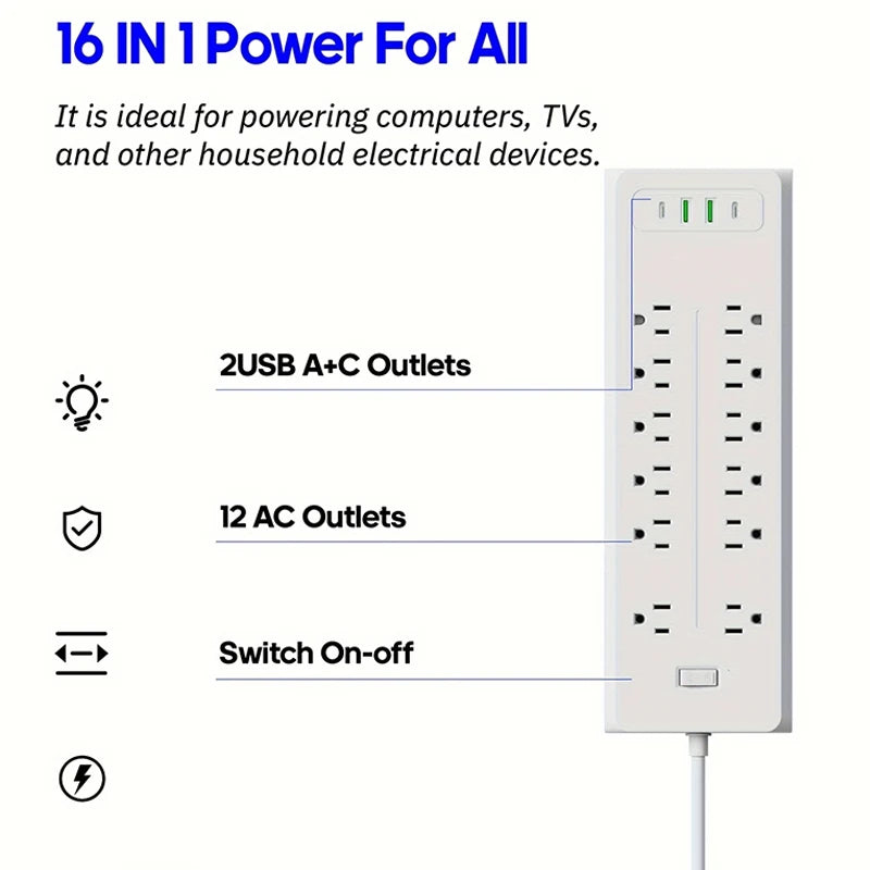 16-in-1 Heavy-Duty Power Strip: 12 AC Outlets & 4 USB Ports (2 USB-C) with Surge Protection