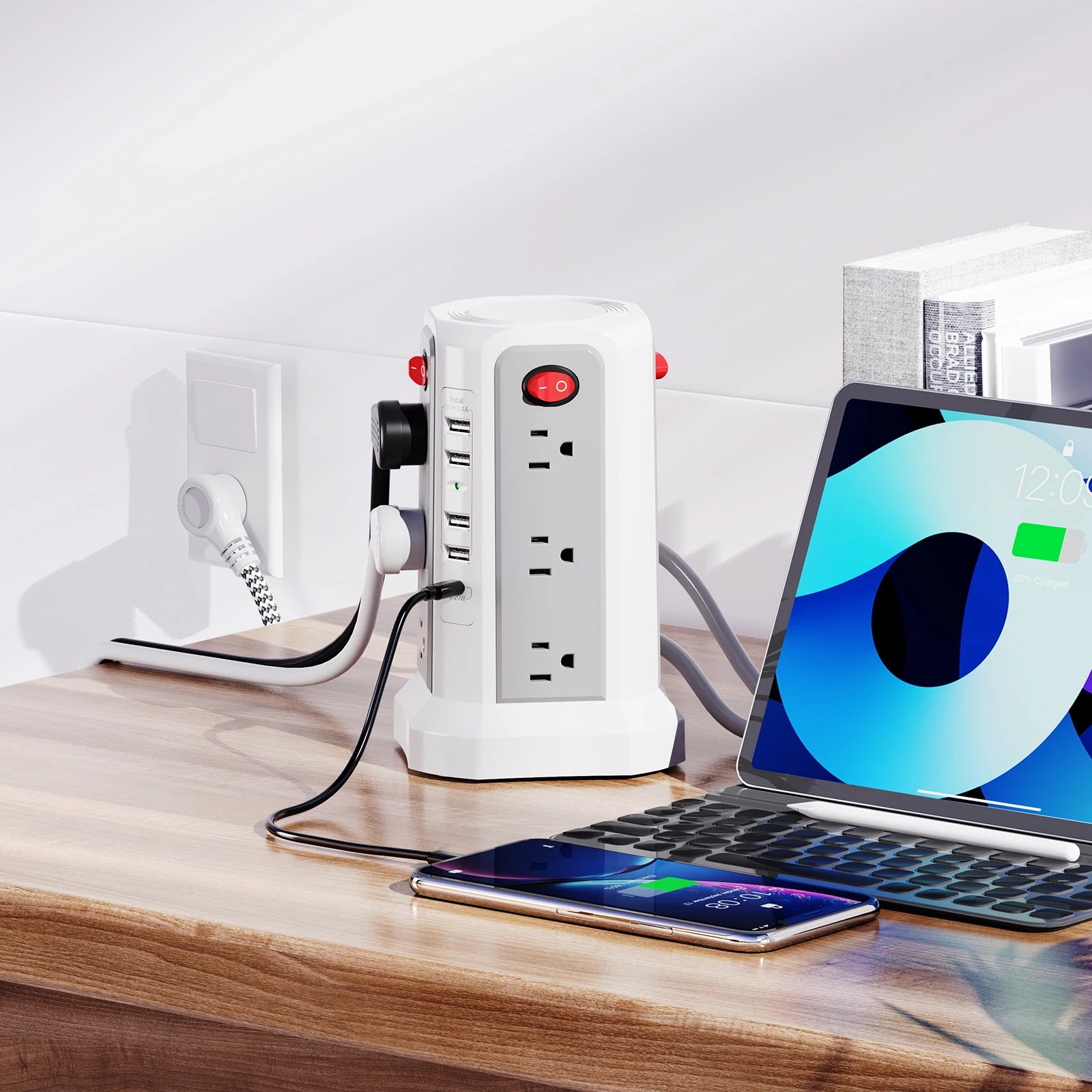 PASSUS 15-in-1 Vertical Power Tower: 12 AC Outlets & PD20W USB-C Fast Charging Station