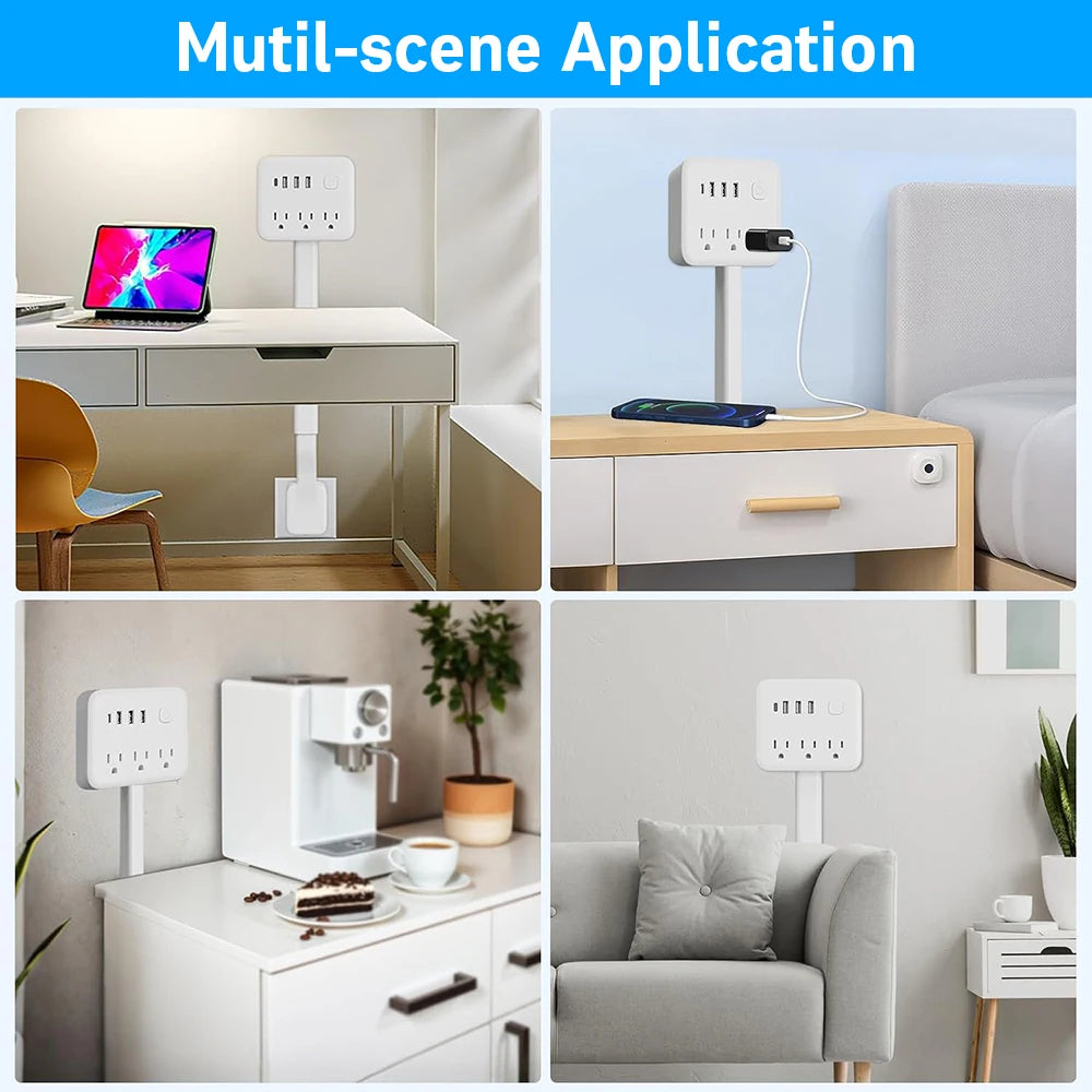 180° Rotating 7-in-1 Wall Outlet Extender: Space-Saving Plug with USB-C & AC Outlets