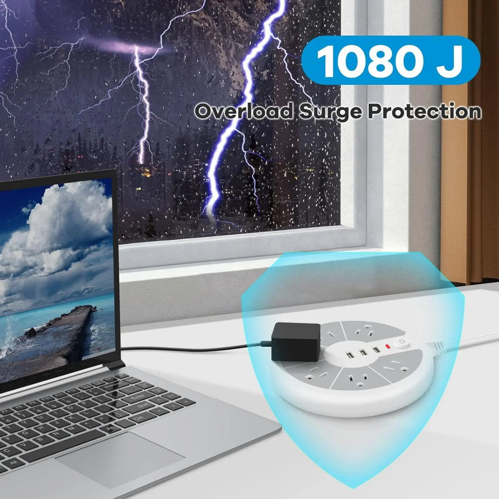 PASSUS 9-in-1 Space-Saving Circular Power Strip: 6 AC Outlets & 3 USB Ports