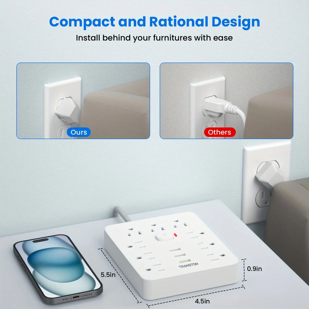 TRANSTON 12-in-1 Power Strip: 9 Outlets & 3 USB Ports