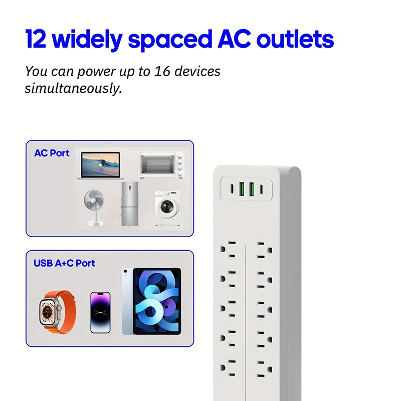 16-in-1 Heavy-Duty Power Strip: 12 AC Outlets & 4 USB Ports (2 USB-C) with Surge Protection