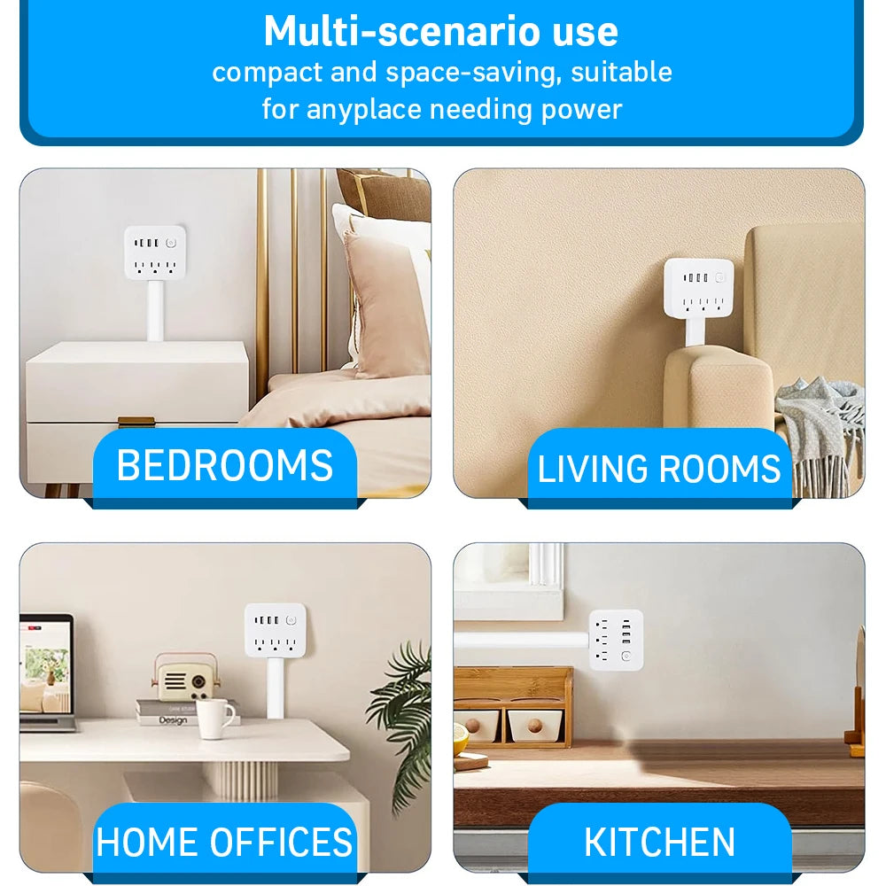 180° Rotating 7-in-1 Wall Outlet Extender: Space-Saving Plug with USB-C & AC Outlets