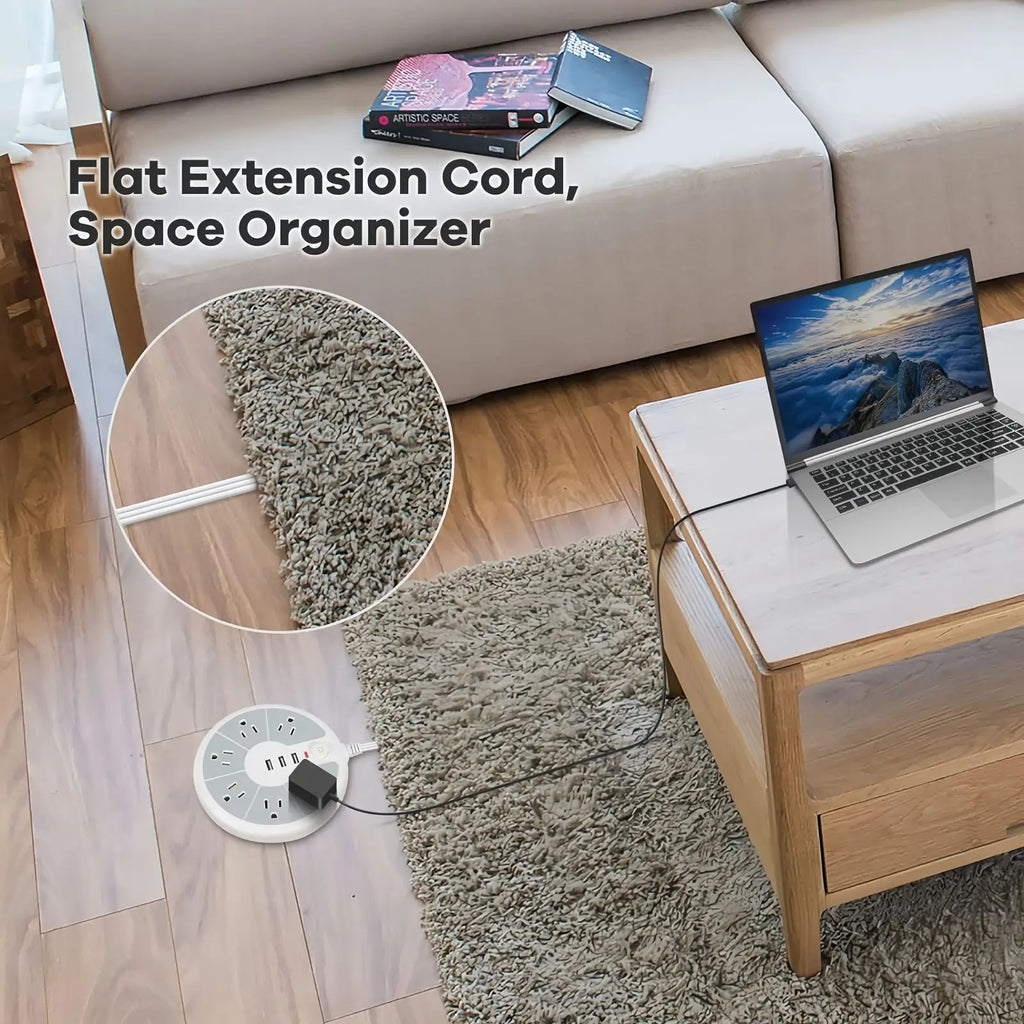 PASSUS 9-in-1 Space-Saving Circular Power Strip: 6 AC Outlets & 3 USB Ports