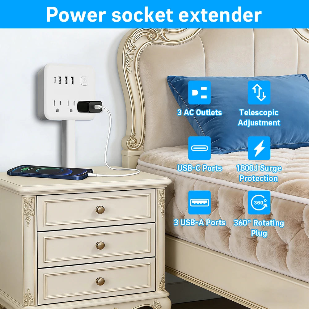180° Rotating 7-in-1 Wall Outlet Extender: Space-Saving Plug with USB-C & AC Outlets