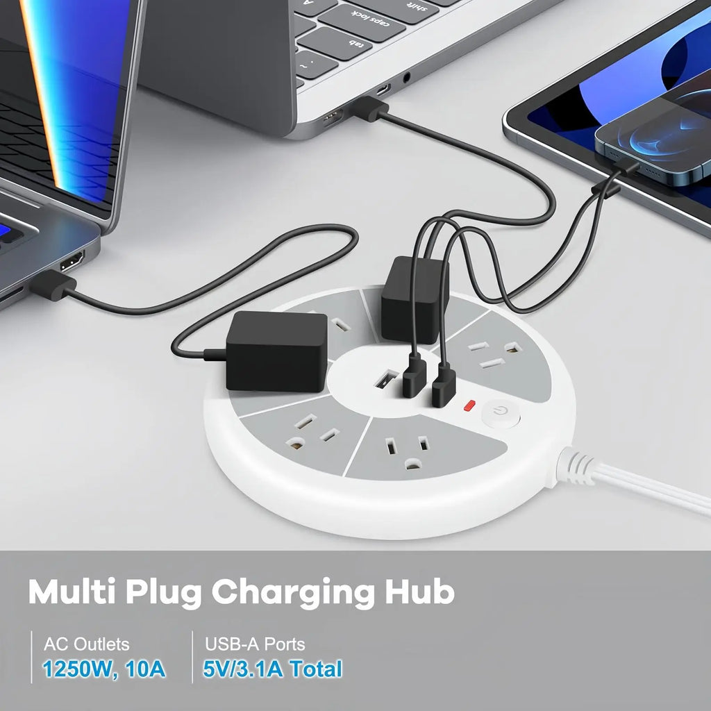 PASSUS 9-in-1 Space-Saving Circular Power Strip: 6 AC Outlets & 3 USB Ports