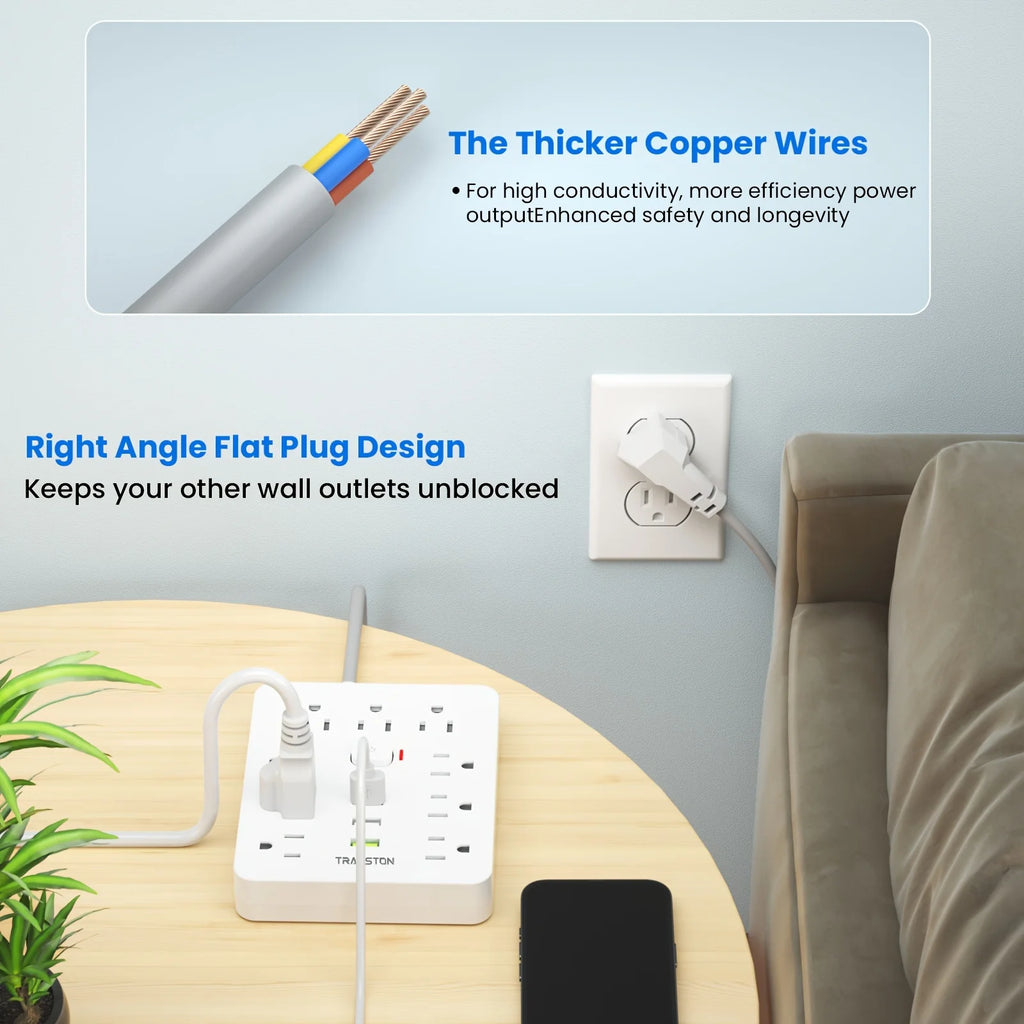 TRANSTON 12-in-1 Power Strip: 9 Outlets & 3 USB Ports