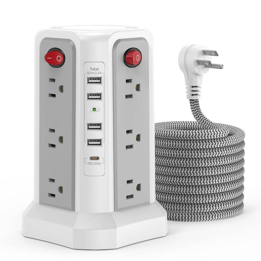 PASSUS 15-in-1 Vertical Power Tower: 12 AC Outlets & PD20W USB-C Fast Charging Station