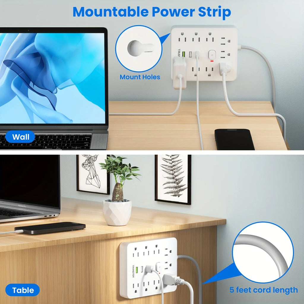 TRANSTON 12-in-1 Power Strip: 9 Outlets & 3 USB Ports