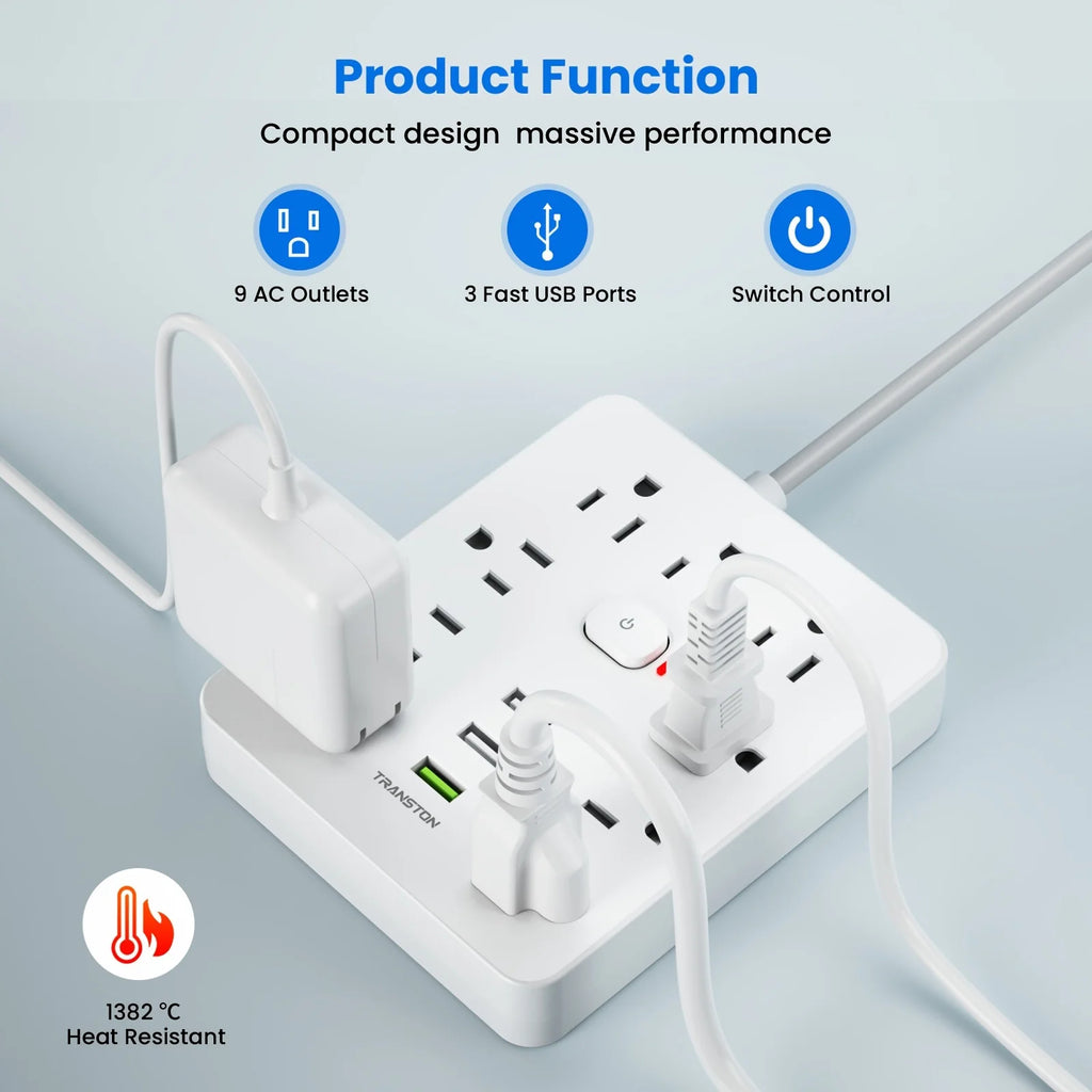 TRANSTON 12-in-1 Power Strip: 9 Outlets & 3 USB Ports
