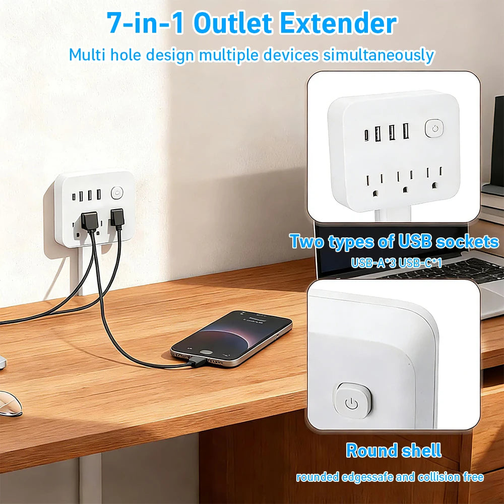 180° Rotating 7-in-1 Wall Outlet Extender: Space-Saving Plug with USB-C & AC Outlets