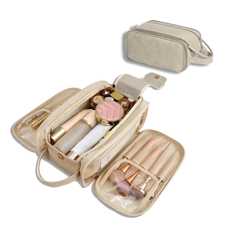 Large Travel Toiletry Organizer Makeup Bag, Hanging Cosmetic Bag Kit Leather Skin Care Waterproof Shaving Bag