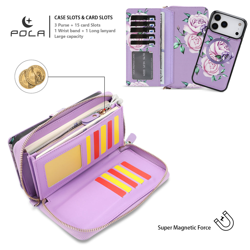 Elegant 13-Card Slot Crossbody Wallet Case – Magnetic Detachable Purse with Mirror for iPhone 17 Pro Max