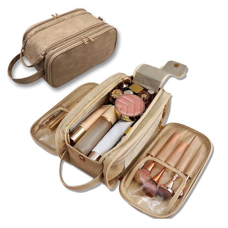 Large Travel Toiletry Organizer Makeup Bag, Hanging Cosmetic Bag Kit Leather Skin Care Waterproof Shaving Bag